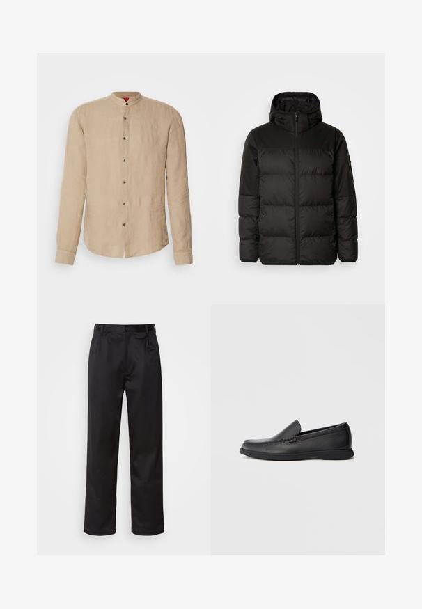 Czarna kurtka puchowa z zapięciem na zamek, kapturem, pikowanymi sekcjami i elastycznymi mankietami, wykonana z gładkiego, wodoodpornego materiału.; Beżowa lniana koszula z długimi rękawami, kołnierzykiem mandaryńskim oraz zapięciem na guziki z przodu. Gładka faktura i subtelny połysk. Zaokrąglony dół z bocznymi rozcięciami.; Czarne spodnie wykonane z gładkiego materiału, z zapięciem na guzik z przodu, plisami i prostymi nogawkami. Brak widocznych wzorów lub akcentów.; Czarne skórzane mokasyny wsuwane z teksturowaną cholewką, okrągłym noskiem, niskim obcasem i gumową podeszwą, przedstawione w profilu bocznym na białym tle.