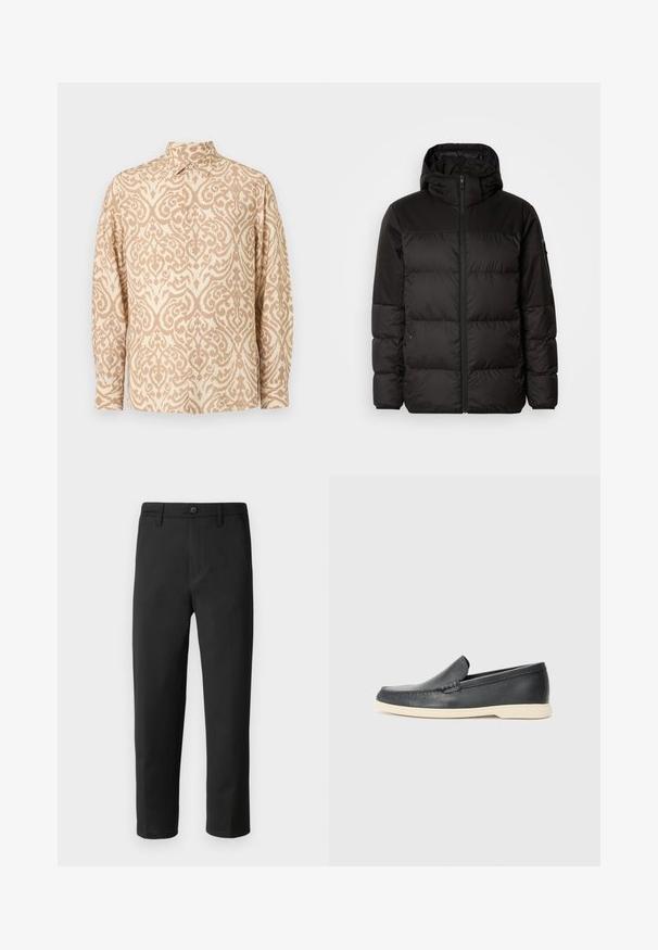 Črna zimska jakna ima zadrgo, kapuco, prešite odseke in elastične manšete, izdelana je iz gladkega, vodoodpornega materiala.; Bež srajca s gumbom, ki ima kremasto damask vzorec, dolge rokave, koničast ovratnik in sproščen fit.; Črne hlače s ravnim krojem, izdelane iz gladkega materiala. Imajo gumbe za zapiranje in zanke za pas. Brez vidnih vzorcev ali dodatkov.; Črne usnjene natikače z teksturiranim zaključkom in kontrastno bež gumo na podplatu. Imajo subtilen naglas vzdolž sprednje strani.