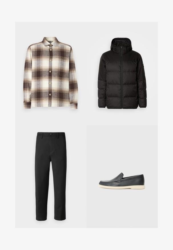 Il giubbotto puffo nero presenta una chiusura con zip, un cappuccio, sezioni trapuntate e polsini elastici, realizzato in un materiale liscio e resistente all'acqua.; Camicia a quadri marrone e crema con maniche lunghe, realizzata in un tessuto morbido; presenta un colletto aperto e bottoni di legno chiaro.; Pantaloni neri a gamba dritta, realizzati in tessuto liscio. Presentano una chiusura con bottone e passanti per cintura. Nessun motivo o dettaglio visibile.; Mocassini neri in pelle con finitura testurizzata e suola in gomma beige a contrasto. Presentano un accento sottile lungo la parte anteriore.
