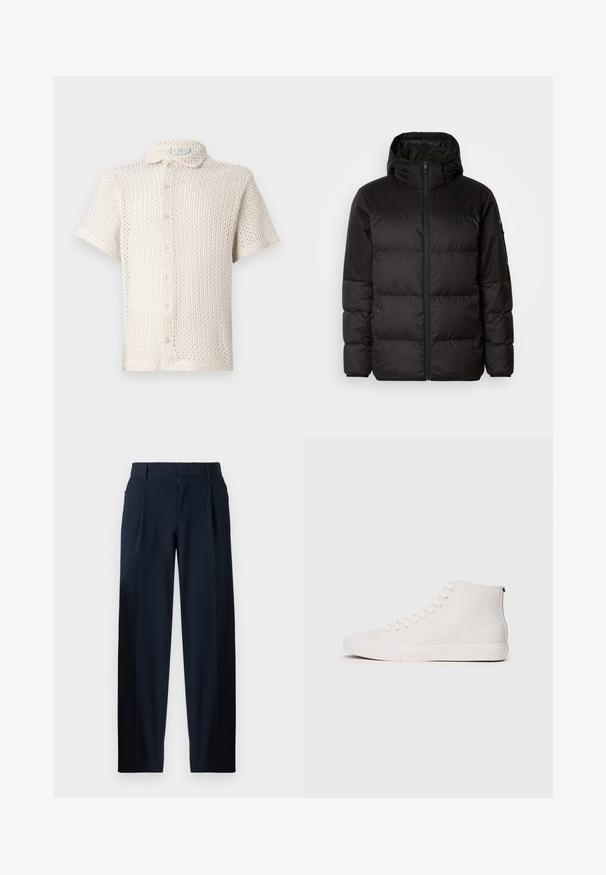 Melna pūkainā jakā iezīmes ir rāvējslēdzēja aizdare, kapuce, kvadrātveida šuves un elastīgas aproces, izgatavota no gludas, ūdensizturīgas vielas.; Īsām piedurknēm, gaiši bežs pogājamais krekls, izgatavots no teksturēta, vaļējam adījumam līdzīga auduma, ar apkakli un piecām pogām priekšpusē.; Zilas jūras bikses ar gludu tekstūru, plašu kāju dizainu, priekšējiem krokām, jostu cilpām un rāvējslēdzēju. Piemērotas gan oficiālai, gan ikdienišķai valkāšanai.; Augstie sporta apavi no balta auduma ar teksturētu virsmu, ar baltām acīm un gumijas zoli. Vienkāršs dizains ar kontrastējošām šuvēm.