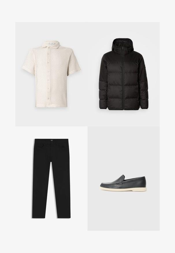 La chaqueta acolchada negra tiene un cierre de cremallera, capucha, secciones acolchadas y puños elásticos, hecha de un material suave y resistente al agua.; Camisa de botones de manga corta, color beige claro, hecha de un tejido texturizado y de punto abierto, con cuello y cinco botones en el frente.; Pantalones de mezclilla negros con corte recto, que cuentan con una cinturilla estándar, cinco bolsillos y un cierre de botón. Textura suave en toda su superficie.; Mocasines de piel negra sin cordones con un acabado texturizado y una suela de goma beige en contraste. Presentan un sutil acento en la parte frontal.