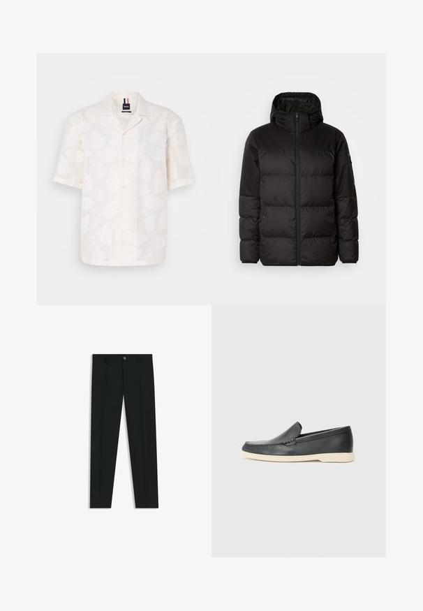 Il giubbotto puffo nero presenta una chiusura con zip, un cappuccio, sezioni trapuntate e polsini elastici, realizzato in un materiale liscio e resistente all'acqua.; Camicetta bianca a maniche corte in tessuto leggero con un delicato motivo floreale, dotata di una chiusura con bottoni e un classico design del colletto.; Pantaloni neri in tessuto lisci, con design a gamba dritta. Presentano una chiusura frontale con bottone e passanti per cintura. Senza fantasie.; Mocassini neri in pelle con finitura testurizzata e suola in gomma beige a contrasto. Presentano un accento sottile lungo la parte anteriore.