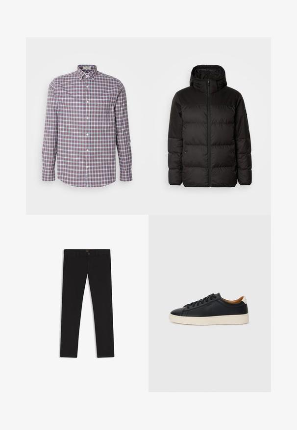 Musta puhvijakku sisältää vetoketjun, hupun, tilkuista koostuvia osioita ja joustavat hihansuut. Se on valmistettu sileästä, vedenpitävästä materiaalista.; Paidat, joissa on flanelli-kuvio, punaisena, sinisenä ja valkoisena. Valmistettu puuvillasta, jossa on pitkät hihat ja pyöristetty helma.; Mustat housut, jotka on valmistettu sileätekstiilisestä kankaasta. Varustettu nappikiinnityksellä, vyölenkeillä ja sivutaskuilla. Standardi suora lahjemalli.; Mustat nahkasneakerit, joissa on sileä pinta, beige kumipohja, nauhakiinnitys ja erottuva kanta-aksentti.