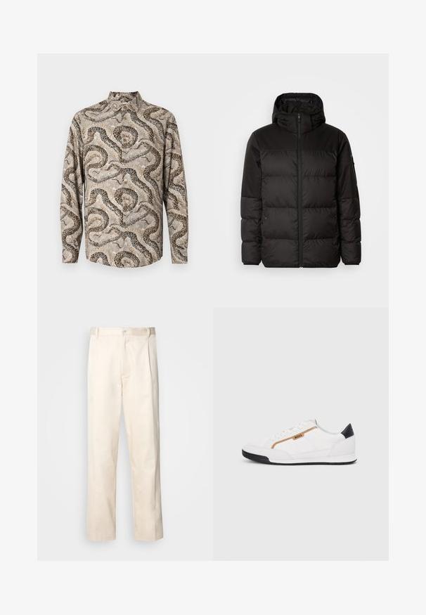 Czarna kurtka puchowa z zapięciem na zamek, kapturem, pikowanymi sekcjami i elastycznymi mankietami, wykonana z gładkiego, wodoodpornego materiału.; Długosleeve koszula w jasnym beżu z wzorem wężowej skóry. Miękka tkanina, zapinana na guziki z klasycznym kołnierzykiem.; Beżowe bawełniane spodnie o prostym kroju nogawki, z zapięciem na guziki i plisami z przodu dla dodatkowego zdobienia.; Białe buty sportowe z siateczkowymi i skórzanymi akcentami. Posiadają złote logo "BOSS", teksturowane boczne panele i czapkę pięty w kolorze czarnym. Gumowa podeszwa.