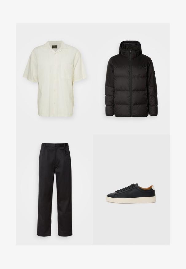 Zwarte pufferjas met ritsluiting, een capuchon, gequiltte secties en elastische manchetten, gemaakt van een glad, waterafstotend materiaal.; Korte mouwen, lichtbeige shirt met een gestructureerd patroon, knoopsluiting aan de voorkant en een enkele borstzak. De stof lijkt licht en ademend te zijn.; Zwarte broek van een gladde stof, met een sluiting met een knoop aan de voorkant, plooien en rechte pijpen. Geen zichtbare patronen of accenten.; Zwarte leren sneakers met een gladde textuur, beige rubberen zool, vetersluiting en een contrasterende hielaccent.