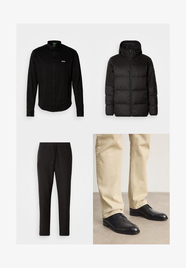 Melna pūkainā jakā iezīmes ir rāvējslēdzēja aizdare, kapuce, kvadrātveida šuves un elastīgas aproces, izgatavota no gludas, ūdensizturīgas vielas.; Melnas garenās piedurknes krekls ar pogu apkakli, izgatavots no mīksta auduma, ar baltu izšūtu logotipu kreisajā krūtī.; Melnas sporta bikses no gludas auduma. Tām ir elastīga josta ar auklu, sašaurinātas kājas un nav redzamu kabatu. Vienkāršs dizains.; Melnas ādas kurpes ar auklēm, ar noapaļotu degunu, gludu apdari un smalkiem šuvēm, valkātas ar gaiši bežām biksēm.