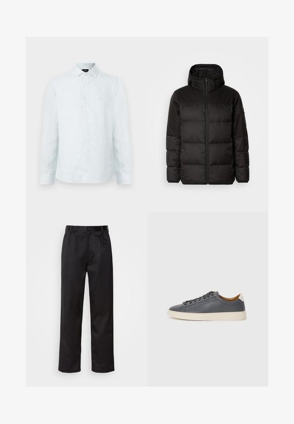 Geacă puffer neagră cu închidere cu fermoar, glugă, secțiuni quilted și manșete elastice, realizată dintr-un material neted, rezistent la apă.; Cămașă bărbațească, cu nasturi, de culoare albastru deschis, cu dungi verticale albe, guler clasic, mâneci lungi și un logo discret pe piept.; Pantaloni negri dintr-un material neted, cu închidere prin nasture frontal, pliseuri și picioare drepte. Fără modele sau accente vizibile.; Adidași din piele gri, cu vârf rotund, talpă din cauciuc, șireturi plate și accente de culoare deschisă pe călcâi. Textură netedă și design minimalist.