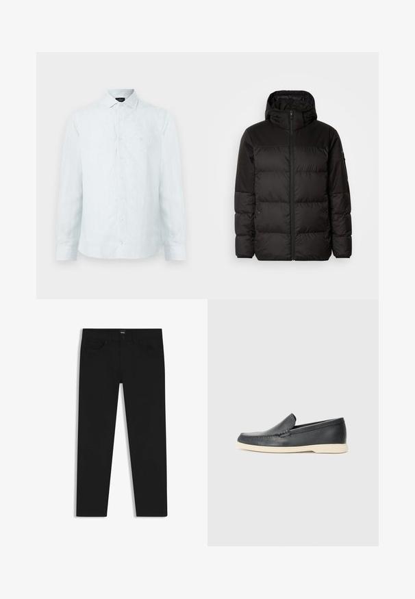 Schwarze Pufferjacke mit Reißverschluss, Kapuze, gesteppten Abschnitten und elastischen Bündchen, hergestellt aus einem glatten, wasserabweisenden Material.; Herren-Hemd mit Knöpfen in Hellblau mit weißen vertikalen Streifen, klassischem Kragen, langen Ärmeln und dezentem Logo auf der Brust.; Schwarze Denim-Hosen mit geradem Schnitt, ausgestattet mit einem Standardbund, fünf Taschen und einem Knopfverschluss. Angenehme, glatte Textur.; Schwarze Leder-Slipper mit strukturiertem Finish und einer kontrastierenden beige Gummisohle. Mit einem dezenten Akzent an der Vorderseite.