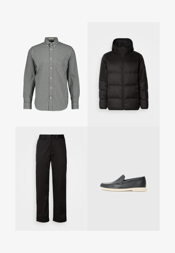 Schwarze Pufferjacke mit Reißverschluss, Kapuze, gesteppten Abschnitten und elastischen Bündchen, hergestellt aus einem glatten, wasserabweisenden Material.; Schwarz-weißer, karierter Hemden mit Kragen, langen Ärmeln und einer Brusttasche. Hergestellt aus gewebtem Stoff, mit abgerundetem Saum.; Schwarze Hose aus glattem Stoff, mit Reißverschluss, Knopfverschluss und umgeschlagenen Säumen für ein lässiges Design.; Schwarze Leder-Slipper mit strukturiertem Finish und einer kontrastierenden beige Gummisohle. Mit einem dezenten Akzent an der Vorderseite.