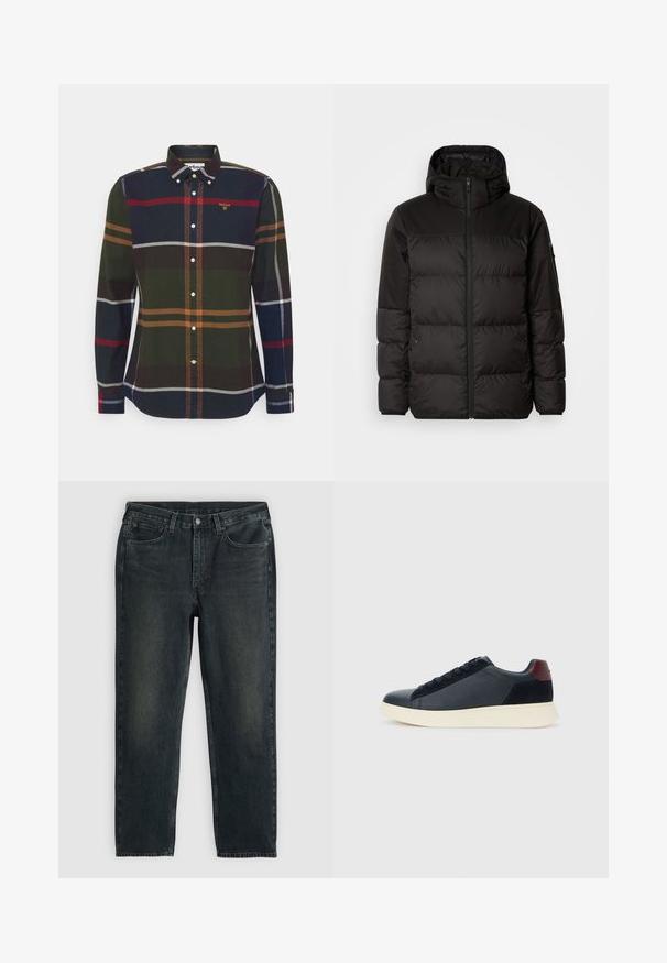 A jaqueta puffer preta apresenta um fecho zip, um capuz, secções acolchoadas e punhos elásticos, confeccionada em um material liso e resistente à água.; Camisa de manga longa em padrão xadrez nas nuances de verde escuro, azul marinho, vermelho e laranja. Apresenta colarinho com botões, logo no peito e botões brancos. Fabricada em algodão.; Jeans de denim azul-escuro com corte reto, apresentando cinco bolsos, fecho de zip e costura em contraste. Desgaste sutil no tecido.; Sapatilha baixa masculina em couro preto e camurça com aba de calcanhar em amarelo-escuro e sola de borracha branca, vista do lado exterior.