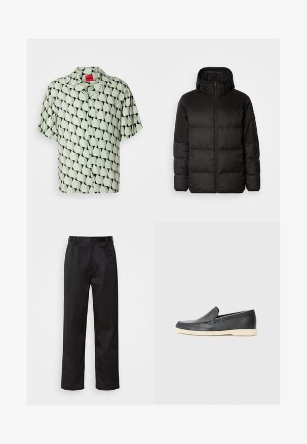 La doudoune noire est dotée d'une fermeture éclair, d'une capuche, de sections matelassées et de poignets élastiques, fabriquée à partir d'un matériau lisse et résistant à l'eau.; Chemise à manches courtes boutonnée en vert clair avec un motif de feuilles abstraites navy. Présente un col camp et des boutons noirs. Texture de tissu lisse.; Pantalon noir en tissu lisse, avec une fermeture à bouton sur le devant, des plis et des jambes droites. Aucun motif ou accent visible.; Mocassins noirs en cuir à enfiler avec une finition texturée et une semelle en caoutchouc beige contrastante. Présente un accent subtil sur le devant.