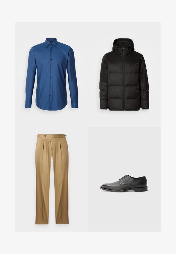 A fekete steppelt dzseki cipzáros záródással, kapucnival, steppelt részekkel és rugalmas mandzsettákkal rendelkezik, sima, vízálló anyagból készült.; BOSS HANK KENT - Ing - open blue; Betétes egyenes szabású bézs nadrág, redőkkel, gombos záródással és övbújtatókkal. Simább anyag, tiszta, szabott megjelenéssel.; Fekete bőr férfi elegáns cipő fűzővel, alacsony sarkú, sima, enyhén texturált felülettel, sima fehér háttéren.