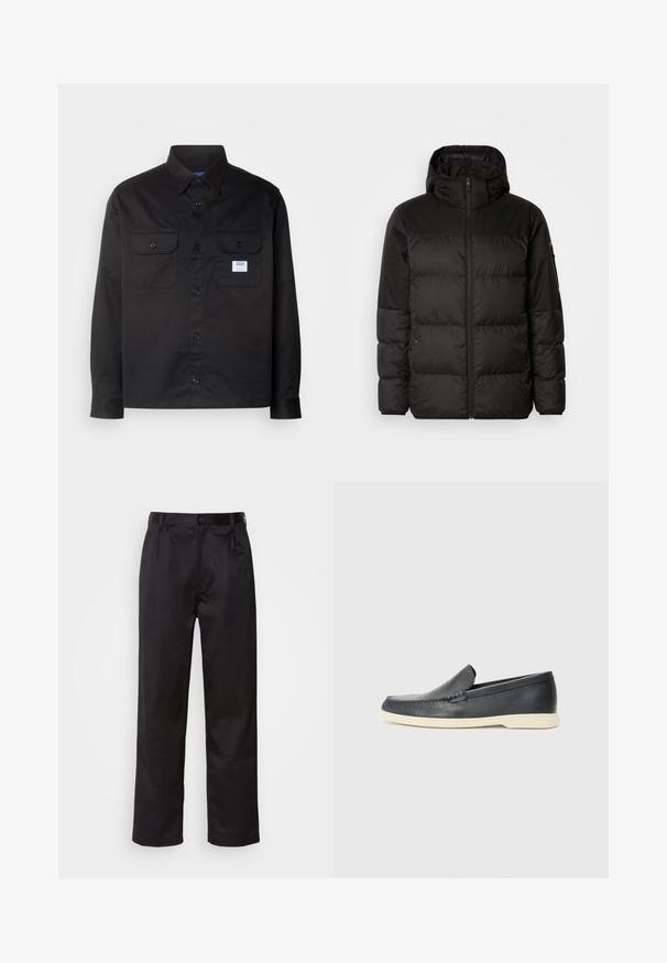 Geacă puffer neagră cu închidere cu fermoar, glugă, secțiuni quilted și manșete elastice, realizată dintr-un material neted, rezistent la apă.; Cămașă neagră cu mânecă lungă din bumbac. Prezintă un design cu nasturi, două buzunare la piept și un mic etichetă cu logo pe buzunarul stâng.; Pantaloni negri dintr-un material neted, cu închidere prin nasture frontal, pliseuri și picioare drepte. Fără modele sau accente vizibile.; Pantofi loafers din piele neagră, cu un finisaj texturat și o talpă din cauciuc bej contrastantă. Au un accent subtil pe partea din față.