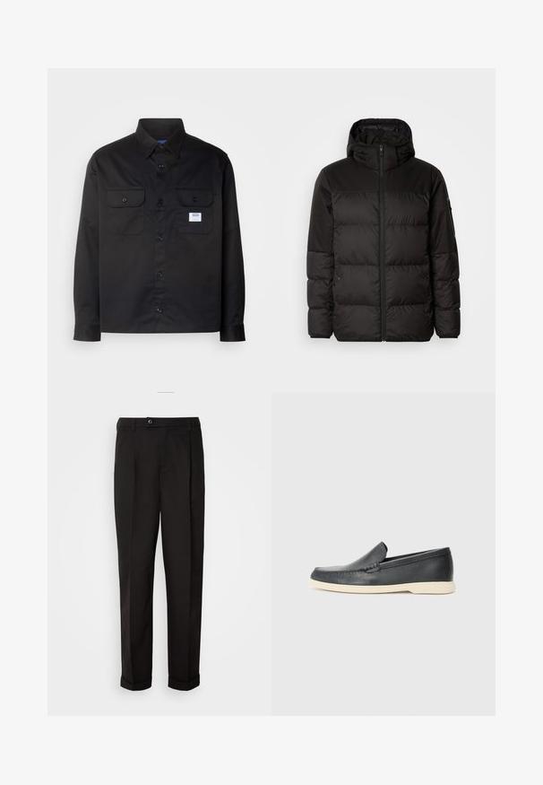 Schwarze Pufferjacke mit Reißverschluss, Kapuze, gesteppten Abschnitten und elastischen Bündchen, hergestellt aus einem glatten, wasserabweisenden Material.; Schwarzes Langarmshirt aus Baumwolle. Verfügt über ein Knopfdesign, zwei Brusttaschen und ein kleines Logoetikett auf der linken Tasche.; Schwarze Hose mit glatter Textur, gerade geschnitten, zwei Fronttaschen und einem einzigen Knopfverschluss an der Taille.; Schwarze Leder-Slipper mit strukturiertem Finish und einer kontrastierenden beige Gummisohle. Mit einem dezenten Akzent an der Vorderseite.