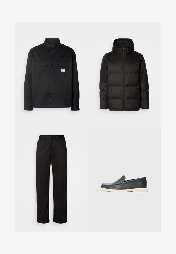 Black puffer jacket features a zip closure, a hood, quilted sections, and elastic cuffs, made from a smooth, water-resistant material.; Black long-sleeve shirt made of cotton. Features a button-up design, two chest pockets, and a small logo label on the left pocket.; Black trousers made of smooth fabric, featuring a zip fly, button closure, and rolled cuffs for a casual design.; Black leather slip-on loafers with a textured finish and a contrasting beige rubber sole. Features a subtle accent along the front.