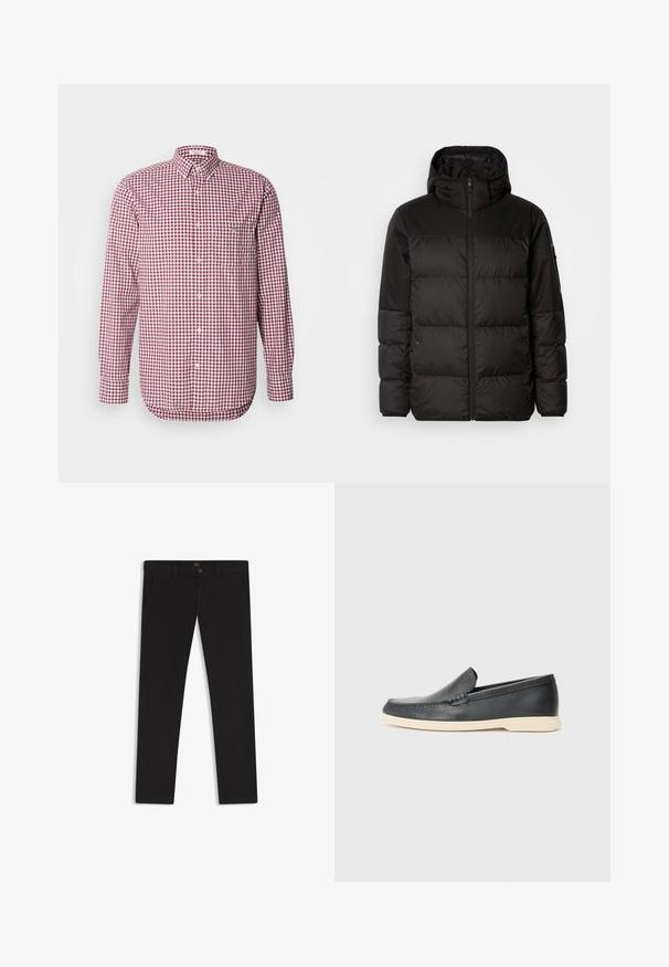 Zwarte pufferjas met ritsluiting, een capuchon, gequiltte secties en elastische manchetten, gemaakt van een glad, waterafstotend materiaal.; Rood-wit geruit overhemd met lange mouwen, een kraag en een borstzak. Gemaakt van lichtgewicht stof, gladde textuur.; Zwarte broek van stof met een gladde textuur. Bevat een knoopsluiting, riemlussen en zijzakken. Standaard straight-leg ontwerp.; Zwarte leren instappers met een gestructureerde afwerking en een contrasterende beige rubberen zool. Beschikt over een subtiele accent langs de voorkant.