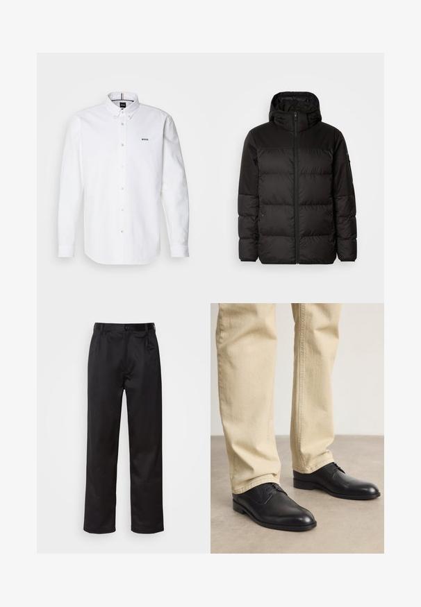 Melna pūkainā jakā iezīmes ir rāvējslēdzēja aizdare, kapuce, kvadrātveida šuves un elastīgas aproces, izgatavota no gludas, ūdensizturīgas vielas.; Balta garām piedurknēm krekls ar pogājamu kragen, ar nelielu zilu "BOSS" logotipu uz krūtīm un pērļu pogām. Mīksts, teksturēts audums.; Melnas bikses, kas izgatavotas no gludas auduma, ar priekšējo pogu aizdari, krokām un taisnām kājām. Nav redzamu rakstu vai akcentu.; Melnas ādas kurpes ar auklēm, ar noapaļotu degunu, gludu apdari un smalkiem šuvēm, valkātas ar gaiši bežām biksēm.