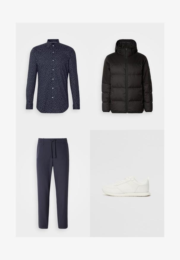 Geacă puffer neagră cu închidere cu fermoar, glugă, secțiuni quilted și manșete elastice, realizată dintr-un material neted, rezistent la apă.; Cămașă albastră cu guler butonat, având un model de puncte albe dispersate. Mâneci lungi cu închidere prin butoane și un tiv curbat.; Pantaloni jogger navy cu talie elastică și șnur. Realizați dintr-un material neted, au picioare conice și nu au buzunare vizibile.; Tenis alb cu un superior din plasă și material sintetic, vârf rotund, șireturi plate și o dungi texturată pe lateral. Talpă din cauciuc cu un tab la spate.
