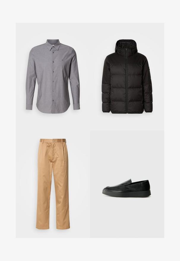 Juodas pūkinis švarkas turi užtrauktuką, gobtuvą, siūlinčius skyrius ir elastinius rankogalius, pagamintas iš lygaus, vandeniui atsparaus medžiagos.; Pilkos dryžuotos ilgomis rankovėmis marškiniai, pagaminti iš medvilnės, su sagų apykakle ir logotipu kairiajame krūtinės pusėje. Liesas dizainas.; Kaki kelnės, medvilnės mišinys, tiesaus kirpimo dizainas, priekiniai raukiniai, diržo kilpos ir mygtuko uždarymas. Lygus audinys be raštų.; Calvin Klein HYBRID CUP - Įmautiniai batai - triple black