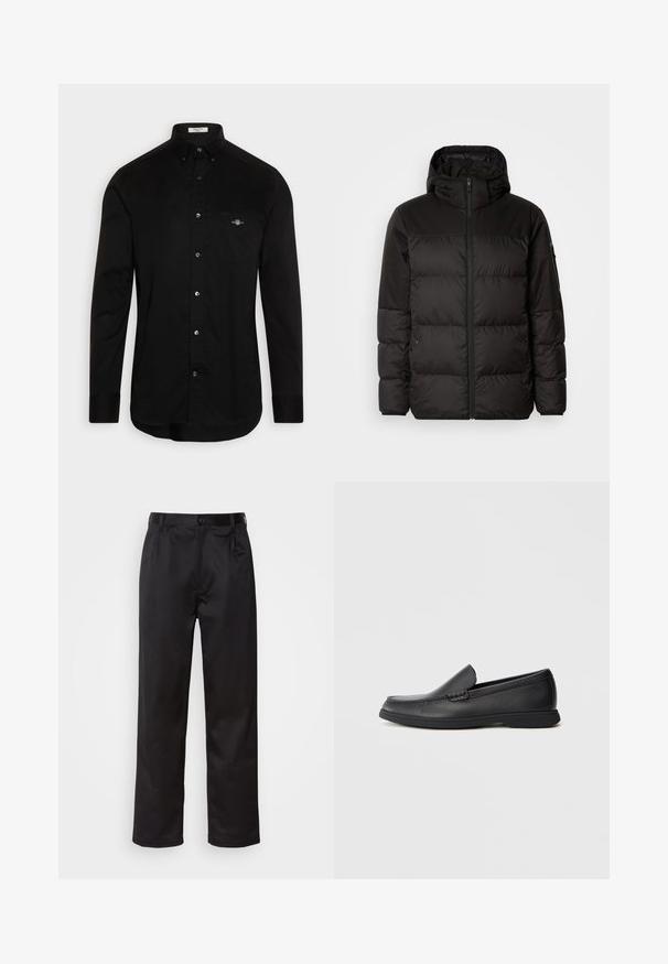 Schwarze Pufferjacke mit Reißverschluss, Kapuze, gesteppten Abschnitten und elastischen Bündchen, hergestellt aus einem glatten, wasserabweisenden Material.; Schwarzes Hemd mit Knopfverschluss, aus Baumwolle gefertigt, mit spitzem Kragen, langen Ärmel und einer Brusttasche mit einem kleinen, farbigen Logo gestickt.; Schwarze Hosen aus glattem Stoff, mit einem Knopfverschluss vorne, Falten und geraden Beinen. Keine sichtbaren Muster oder Akzente.; Schwarze Leder Slipper mit strukturiertem Obermaterial, runder Zehenform, niedrigem Absatz und Gummisohle, seitlich auf weißem Hintergrund abgebildet.