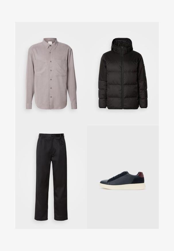 Juodas pūkinis švarkas turi užtrauktuką, gobtuvą, siūlinčius skyrius ir elastinius rankogalius, pagamintas iš lygaus, vandeniui atsparaus medžiagos.; Ilga rankovė mygtukų marškiniai iš nuslopinto pilko audinio, turintys dvi krūtinės kišenes, klasikį apykaklę ir toninius mygtukų užsegimus.; Juodi kelniukai, pagaminti iš lygaus audinio, su užsegimu priekyje, raukšlėmis ir tiesiomis kojomis. Nėra matomų raštų ar akcentų.; Juodos odinės ir zomšinės vyriškos žemos sportinės avalynės su bordo spalvos kulkšnių juostele ir balto kaučiuko padu vaizdas iš išorės.