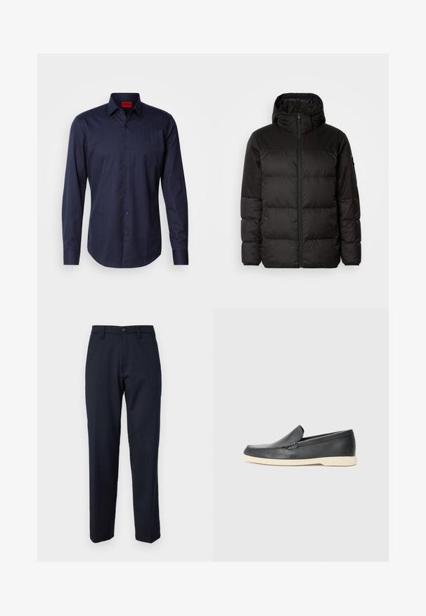 Černá péřová bunda má zipový uzávěr, kapuci, prošívané části a elastické manžety, vyrobená z hladkého, voděodolného materiálu.; Námořnické modré tričko s dlouhým rukávem, s jemným vzorem herringbone, s knoflíkovým límcem a černými knoflíky. Směs bavlny s hladkou strukturou.; Námořnické modré kalhoty vyrobené z hladkého materiálu, s předním knoflíkem, rovnými nohavicemi a bočními kapsami. Žádné vzory ani ozdoby nejsou viditelné.; Černé kožené mokasíny na klínku s texturovaným povrchem a kontrastní béžovou gumovou podrážkou. Vyznačují se jemným akcentem podél přední části.