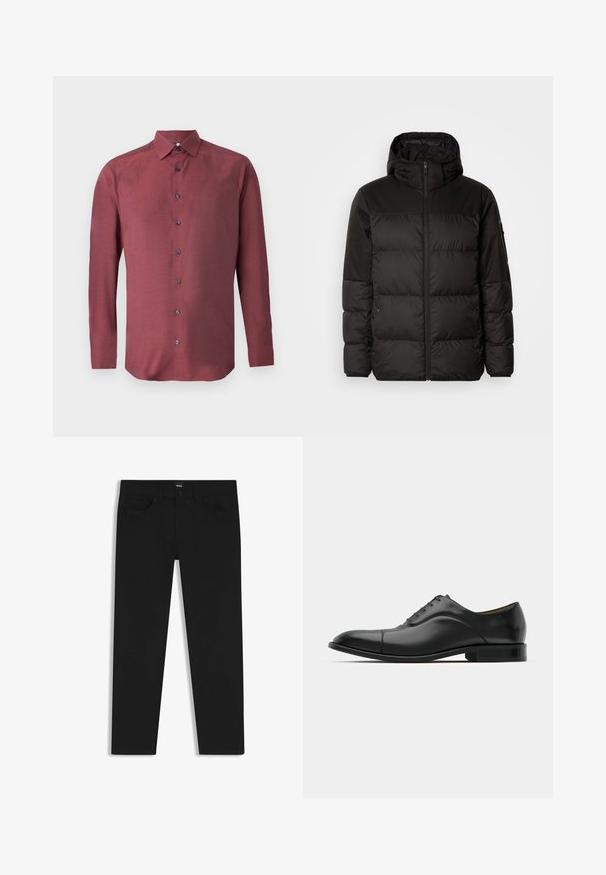Zwarte pufferjas met ritsluiting, een capuchon, gequiltte secties en elastische manchetten, gemaakt van een glad, waterafstotend materiaal.; Langarmige, knoopsluiting shirt van bordeauxrood stof met een gestructureerd patroon en donkerblauwe knopen; beschikt over een puntige kraag en een rechte zoom.; Zwarte denim broek met een rechte snit, voorzien van een standaard tailleband, vijf zakken en een knoopsluiting. Gladde textuur overal.; Zwarte leren jurk schoen met een gladde textuur, ronde neus en vijf veterogen. Beschikt over een lage gestapelde hak en subtiele naaddetails.