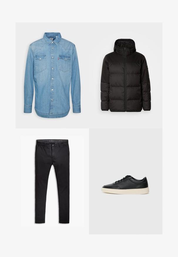 Černá péřová bunda má zipový uzávěr, kapuci, prošívané části a elastické manžety, vyrobená z hladkého, voděodolného materiálu.; Světle modrá denimová košile s dlouhými rukávy, špičatým límcem a dvěma náprsními kapsami. Obsahuje zapínání na knoflíky a zakřivený lem.; Černé bavlněné chinos kalhoty s tapered střihem, vybavené pěti kapsami, poutky na opasek a hladkým povrchem. Zapínání na zip s knoflíkovým uzávěrem.; Černé kožené nízké tenisky s černými tkaničkami a slonovinovou podešví, zobrazené v bočním profilu na bílém pozadí.