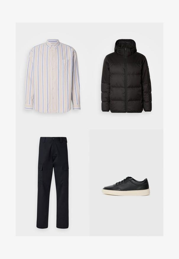 Schwarze Pufferjacke mit Reißverschluss, Kapuze, gesteppten Abschnitten und elastischen Bündchen, hergestellt aus einem glatten, wasserabweisenden Material.; Hemd aus weichem Baumwollstoff mit senkrechten beige- und hellblauen Streifen, langen Ärmeln und einer einzigen Brusttasche.; Schwarze Cargo-Hose aus robustem Stoff, mit geradem Bein, zwei Seitentaschen und einem Knopfverschluss am Bund.; Schwarzer niedriger Ledersneaker mit schwarzen Schnürsenkeln und cremefarbenem Sohlenrand, seitlich auf weißem Hintergrund dargestellt.