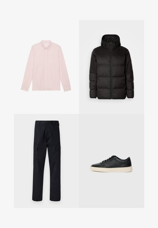 Zwarte pufferjas met ritsluiting, een capuchon, gequiltte secties en elastische manchetten, gemaakt van een glad, waterafstotend materiaal.; Lichtroze lange mouwen overhemd met knoopsluiting en puntige kraag, gemaakt van gladde stof, met een frontale knoopsluiting en een minimalistisch ontwerp.; Zwarte cargobroek van stevig materiaal, met een rechte pijp, twee zijzakken en een knoopsluiting bij de taille.; Zwarte leren sneaker met lage schacht, zwarte veters en off-white zool, weergegeven in zijprofiel op een witte achtergrond.