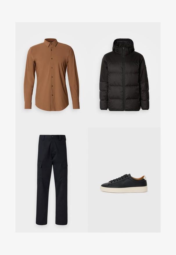 A jaqueta puffer preta apresenta um fecho zip, um capuz, secções acolchoadas e punhos elásticos, confeccionada em um material liso e resistente à água.; Camisa de manga longa castanha com colarinho abotoado, textura suave e botões castanhos. Apresenta uma bainha curva e um ajuste elegante.; Calças cargo pretas feitas de tecido resistente, com corte de perna direita, dois bolsos laterais e fecho de botão na cintura.; Tenis de couro preto com uma textura suave, sola de borracha bege, design de atar e um destaque no calcanhar em contraste.