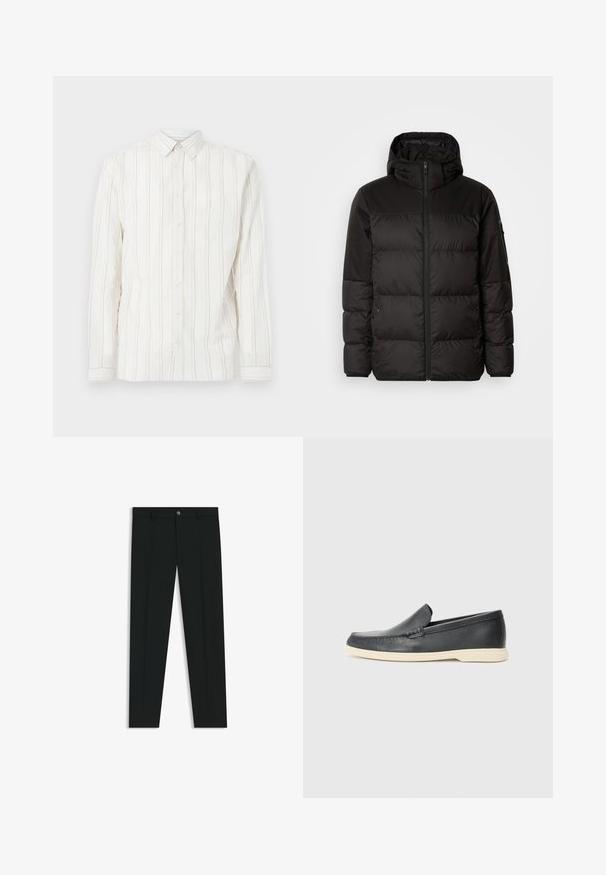 Il giubbotto puffo nero presenta una chiusura con zip, un cappuccio, sezioni trapuntate e polsini elastici, realizzato in un materiale liscio e resistente all'acqua.; Camicia bianca a maniche lunghe con bottoni, a righe verticali marroni chiari, colletto classico e chiusura frontale con bottoni. Tessuto morbido e strutturato.; Pantaloni neri in tessuto lisci, con design a gamba dritta. Presentano una chiusura frontale con bottone e passanti per cintura. Senza fantasie.; Mocassini neri in pelle con finitura testurizzata e suola in gomma beige a contrasto. Presentano un accento sottile lungo la parte anteriore.