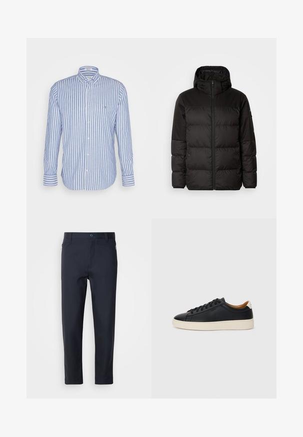 Il giubbotto puffo nero presenta una chiusura con zip, un cappuccio, sezioni trapuntate e polsini elastici, realizzato in un materiale liscio e resistente all'acqua.; Camicia a maniche lunghe a righe blu e bianche con colletto a camicia, un'unica tasca sul petto e bottoni bianchi. Tessuto in cotone con una finitura texture.; Pantaloni su misura blu navy realizzati in tessuto liscio, con tasca con zip, gamba dritta e chiusura a bottone in vita.; Sneakers in pelle nera con una texture liscia, suola in gomma beige, design con lacci e un accento del tacco in contrasto.