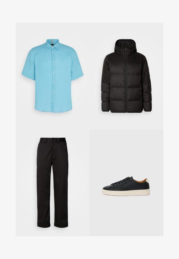 A fekete steppelt dzseki cipzáros záródással, kapucnival, steppelt részekkel és rugalmas mandzsettákkal rendelkezik, sima, vízálló anyagból készült.; Világoskék, rövid ujjú ing len anyagból, gombos elülső résszel, hegyes gallérral és finom textúrával, minták vagy díszítések nélkül.; Fekete nadrág sima anyagból, cipzáros és gombos záródással, valamint feltekert szegésekkel a laza dizájn érdekében.; Fekete bőr sportcipők sima felülettel, bézs gumitalppal, fűzős dizájnnal és kontrasztos sarkú akcentussal.