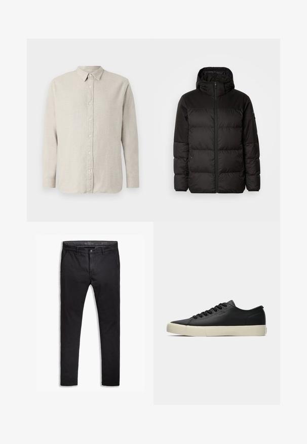 Juodas pūkinis švarkas turi užtrauktuką, gobtuvą, siūlinčius skyrius ir elastinius rankogalius, pagamintas iš lygaus, vandeniui atsparaus medžiagos.; Bežinis ilgomis rankovėmis marškinis su užsegamu apykakle, pasižymintis tekstūruotu audiniu ir priekyje užsegimu mygtukais. Šiuolaikinis stilius su laisvu siluetu.; Juodos medvilnės chinos kelnės su siaurėjančiu siluetu, turinčios penkis kišenes, diržo kilpos ir lygų paviršių. Su užtrauktuku ir mygtuko uždarymu.; Žemi juodos odinės sportbačiai su juodais raišteliais ir kreminės spalvos guma, šoninis vaizdas rodo subtilų "BOSS" prekės ženklo ženklinimą.