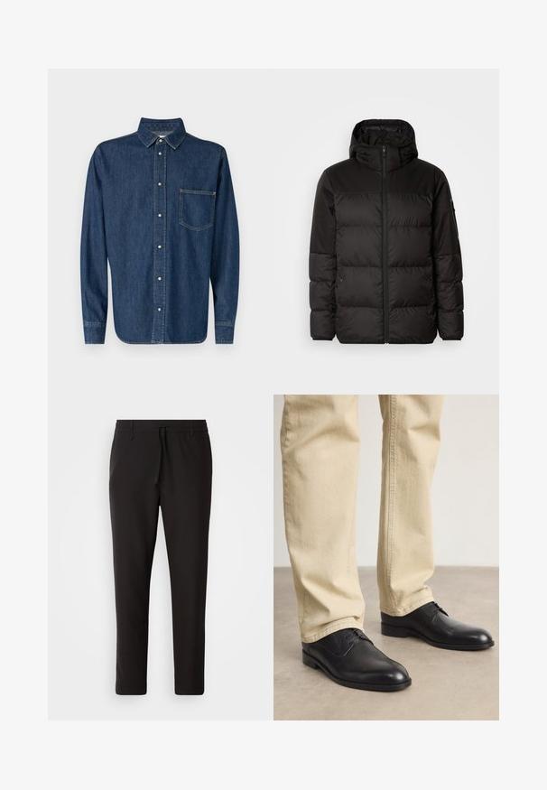 Mustikas puffer-jakk sisaldab tõmblukku, kapuutsi, tikandiga osi ja elastseid mansette, valmistatud siledast veekindlast materjalist.; Tume sinine teksashirt pikkade varrukatega, nööpidega esifunktsioon ja üks rindade tasku. Omab klassikalist kraed ja otsetõttu.; Mustad jogger-püksid, mis on valmistatud siledast kangast. Omavad elastset pihaotsikut koos paelaga, kitsenevaid jalaosi ja nähtamatuid taskuid. Lihtne disain.; Mustad musta nahast nööriga kengad, millel on ümmargune nina, sile viimistlus ja peened õmblusdetailid, kantud heledate beezide pükstega.