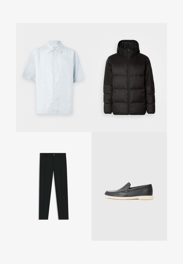 Black puffer jacket features a zip closure, a hood, quilted sections, and elastic cuffs, made from a smooth, water-resistant material.; Light blue short-sleeve shirt with a subtle leaf pattern, button front, and a classic collar made from a smooth, textured fabric.; Black dress pants with a straight-leg design, made of smooth fabric. Features a front button closure and belt loops. Plain without patterns.; Black leather slip-on loafers with a textured finish and a contrasting beige rubber sole. Features a subtle accent along the front.