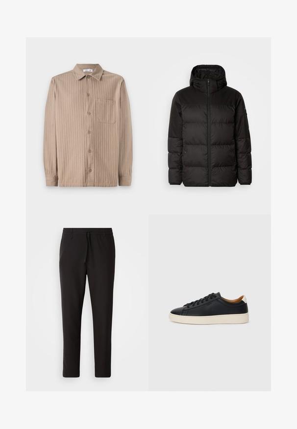 Schwarze Pufferjacke mit Reißverschluss, Kapuze, gesteppten Abschnitten und elastischen Bündchen, hergestellt aus einem glatten, wasserabweisenden Material.; Beige Hemd mit Knöpfen und gestreiftem Muster, ausgestattet mit einem Kragen, langen Ärmeln und einer Brusttasche. Hergestellt aus weichem Stoff.; Schwarze Jogginghose aus glattem Stoff. Mit einem elastischen Bund und Kordelzug, schmal zulaufenden Beinen und ohne sichtbare Taschen. Einfaches Design.; Schwarze Ledersneaker mit glatter Textur, beiger Gummisohle, Schnürdesign und einem kontrastierenden Fersenakzent.