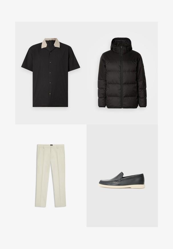 Il giubbotto puffo nero presenta una chiusura con zip, un cappuccio, sezioni trapuntate e polsini elastici, realizzato in un materiale liscio e resistente all'acqua.; Camicia a maniche corte nera con strisce verticali, dotata di colletto beige e bottoni frontali. Realizzata in tessuto leggero con una consistenza liscia.; Pantaloni beige in cotone con vestibilità dritta, zip frontale e tasche anteriori. Tessuto liscio e senza motivi o decorazioni visibili.; Mocassini neri in pelle con finitura testurizzata e suola in gomma beige a contrasto. Presentano un accento sottile lungo la parte anteriore.