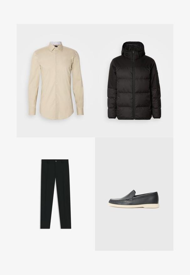 Zwarte pufferjas met ritsluiting, een capuchon, gequiltte secties en elastische manchetten, gemaakt van een glad, waterafstotend materiaal.; Beige langslijfshemd van gladde stof. Heeft een klassieke kraag en een contrasterende witte binnenkraag met zwarte stippen.; Zwarte dresspants met een recht pasvorm, gemaakt van een gladde stof. Heeft een sluiting met een knoop aan de voorkant en ceintuurlussen. Effen zonder patronen.; Zwarte leren instappers met een gestructureerde afwerking en een contrasterende beige rubberen zool. Beschikt over een subtiele accent langs de voorkant.