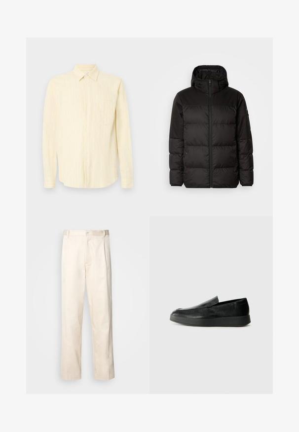 Schwarze Pufferjacke mit Reißverschluss, Kapuze, gesteppten Abschnitten und elastischen Bündchen, hergestellt aus einem glatten, wasserabweisenden Material.; Hellgelbes, knöpfbares Hemd mit vertikalen weißen Streifen, mit Kragen, langen Ärmeln und einer Brusttasche. Strukturierter Stoff.; Beige Baumwollhose mit geradem Bein, ausgestattet mit einem Knopfverschluss und Falten an der Vorderseite für zusätzliche Details.; Calvin Klein HYBRID CUP - Slipper - triple black