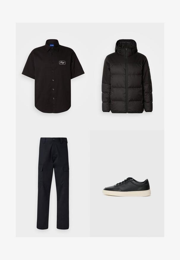 Μαύρο μπουφάν με φερμουάρ, κουκούλα, παραγεμισμένα τμήματα και ελαστικές μανσέτες, κατασκευασμένο από λείο, αδιάβροχο υλικό.; Μαύρο κοντομάνικο πουκάμισο από βαμβάκι, με κουμπιά μπροστά και κεντητό λογότυπο "Hugo" στο αριστερό στήθος. Λείο υφή.; Μαύρο cargo παντελόνι φτιαγμένο από ανθεκτικό ύφασμα, με κανονική γραμμή στα πόδια, δύο πλαϊνές τσέπες και κουμπί στο κλείσιμο της μέσης.; Μαύρο δερμάτινο σνίκερ χαμηλού προφίλ με μαύρες κορδόνες και ελαφρώς λευκή σόλα, εμφανίζεται σε πλάγια προφίλ σε λευκό φόντο.