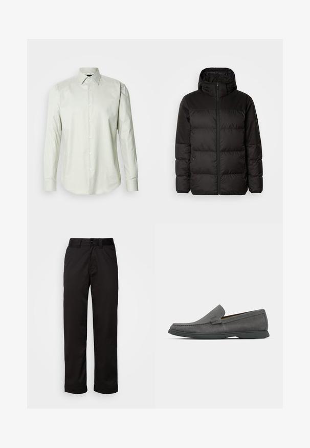 A fekete steppelt dzseki cipzáros záródással, kapucnival, steppelt részekkel és rugalmas mandzsettákkal rendelkezik, sima, vízálló anyagból készült.; Világos zöld, hosszú ujjú, gombos ing, strukturált gallérral, sima textúrával és elülső gombolással, amelyen fehér gombok találhatók.; Fekete nadrág sima anyagból, cipzáros és gombos záródással, valamint feltekert szegésekkel a laza dizájn érdekében.; Szürke velúr mokaszinok kerek orral, varrott részletekkel és alacsony gumitalppal. Jellemzője a slip-on kialakítás, látható fém alkatrészek nélkül.