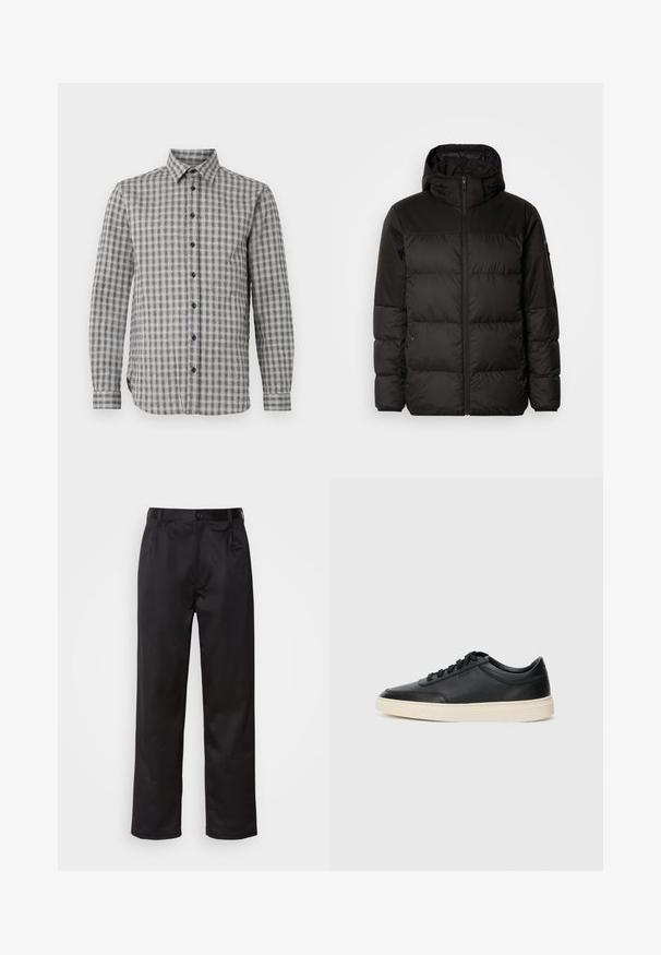 La chaqueta acolchada negra tiene un cierre de cremallera, capucha, secciones acolchadas y puños elásticos, hecha de un material suave y resistente al agua.; Camisa de hombre de manga larga en gris con un patrón de cuadros, con cuello abotonado y botones negros, hecha de una tela suave.; Pantalones negros de tela suave, con cierre delantero de botón, pliegues y patas rectas. Sin patrones ni acentos visibles.; Zapatilla negra de piel de caña baja con cordones negros y suela color crema, mostrada en perfil lateral sobre fondo blanco.