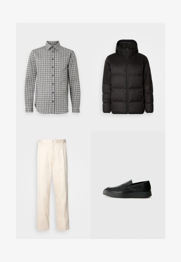 La doudoune noire est dotée d'une fermeture éclair, d'une capuche, de sections matelassées et de poignets élastiques, fabriquée à partir d'un matériau lisse et résistant à l'eau.; Chemise à manches longues pour homme en gris à motif carreaux, avec un col boutonné et des boutons noirs, fabriquée en tissu doux.; Pantalon en coton beige avec une coupe droite, présentant une fermeture à bouton et des plis sur le devant pour plus de détails.; Calvin Klein HYBRID CUP - Chaussons - triple black