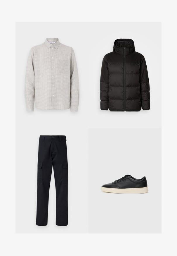 Mustikas puffer-jakk sisaldab tõmblukku, kapuutsi, tikandiga osi ja elastseid mansette, valmistatud siledast veekindlast materjalist.; Heledad hall hallitus värvi pikkade varrukatega nööpidega särk ruudulise mustriga, ühekordse rinna-taskuga ja tavalise kraega. Valmistatud kootud kangast.; Mustad mustad püksid, mis on valmistatud tugevast materjalist, sirge lõikega, kaht küljetaskut ja nööbiga sulgemist vöökoha juures.; Mustad musta nahast madal sneaker mustade nööpidega ja kreemivalge tallaga, nähtud külgprofiilis valge tausta ees.