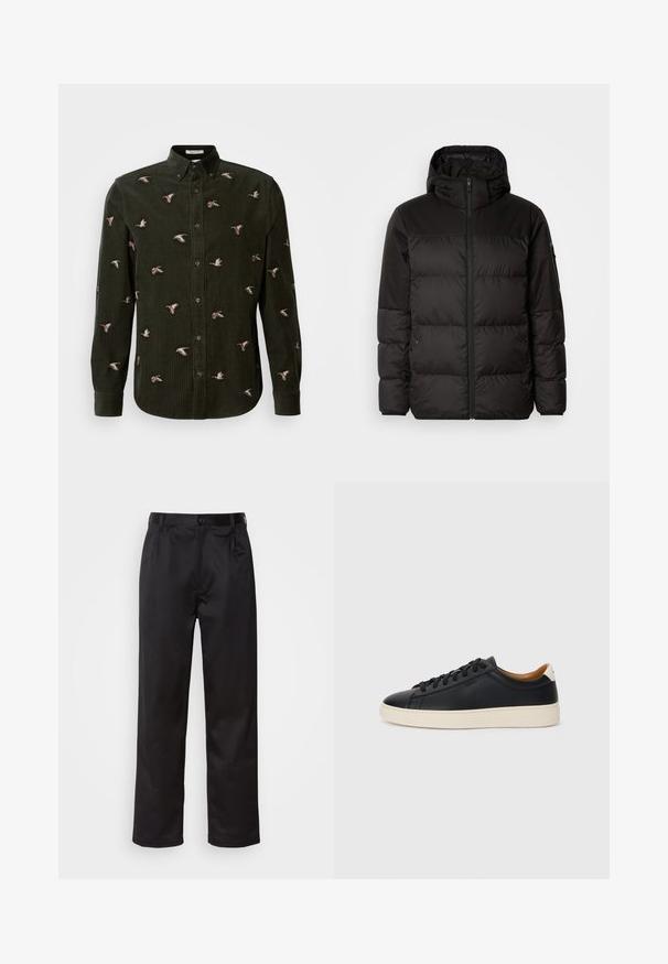 Czarna kurtka puchowa z zapięciem na zamek, kapturem, pikowanymi sekcjami i elastycznymi mankietami, wykonana z gładkiego, wodoodpornego materiału.; Ciemnozielona koszula z korduroyu z haftowanymi kaczkami w różnych pozach. Kołnierzyk zapinany na guziki i długie rękawy z mankietami zapinanymi na guziki.; Czarne spodnie wykonane z gładkiego materiału, z zapięciem na guzik z przodu, plisami i prostymi nogawkami. Brak widocznych wzorów lub akcentów.; Czarne skórzane trampki o gładkiej fakturze, jasnobrązowa gumowa podeszwa, sznurowana konstrukcja i kontrastujący akcent na pięcie.