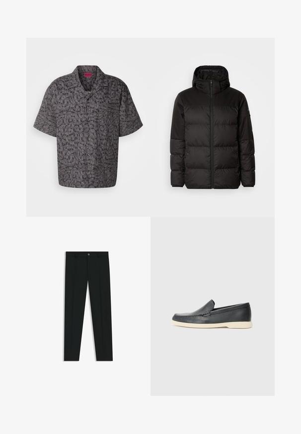 Il giubbotto puffo nero presenta una chiusura con zip, un cappuccio, sezioni trapuntate e polsini elastici, realizzato in un materiale liscio e resistente all'acqua.; Camicia a maniche corte in tessuto grigio scuro con un motivo ripetitivo della parola "Hugo" in diverse dimensioni e tonalità. Chiusura frontale con bottoni.; Pantaloni neri in tessuto lisci, con design a gamba dritta. Presentano una chiusura frontale con bottone e passanti per cintura. Senza fantasie.; Mocassini neri in pelle con finitura testurizzata e suola in gomma beige a contrasto. Presentano un accento sottile lungo la parte anteriore.