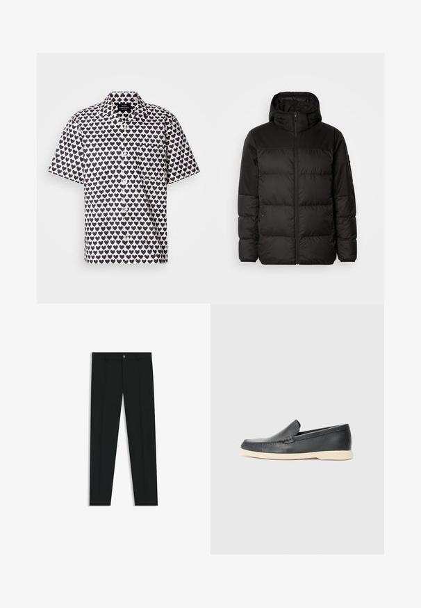 Zwarte pufferjas met ritsluiting, een capuchon, gequiltte secties en elastische manchetten, gemaakt van een glad, waterafstotend materiaal.; Kortarmig overhemd van witte stof met een marineblauw hartpatroon. Voorzien van een knoopsluiting aan de voorkant, een kraag en een zak op de linkerborst.; Zwarte dresspants met een recht pasvorm, gemaakt van een gladde stof. Heeft een sluiting met een knoop aan de voorkant en ceintuurlussen. Effen zonder patronen.; Zwarte leren instappers met een gestructureerde afwerking en een contrasterende beige rubberen zool. Beschikt over een subtiele accent langs de voorkant.