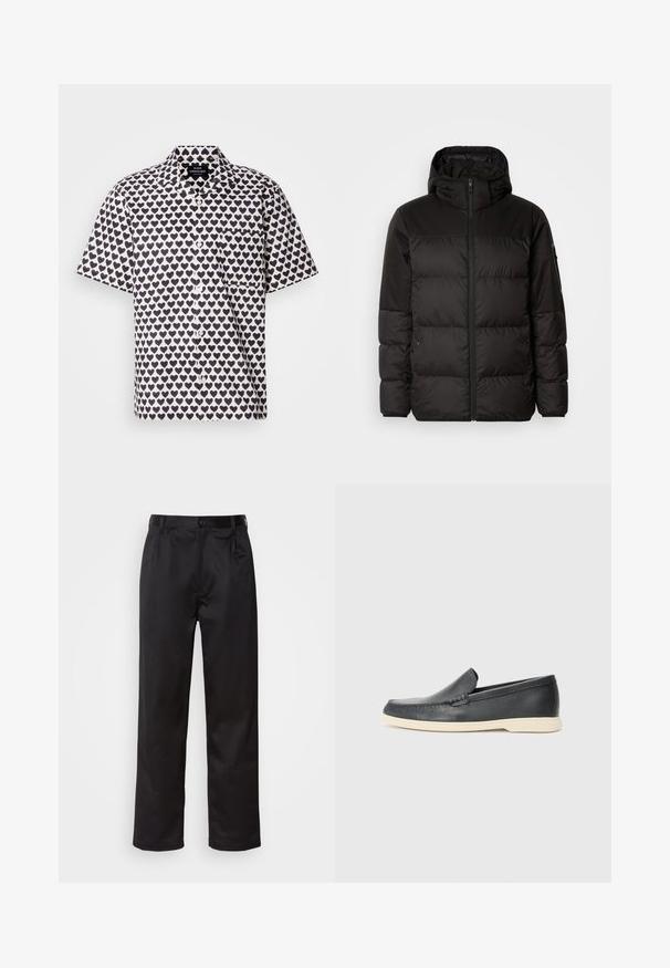 Zwarte pufferjas met ritsluiting, een capuchon, gequiltte secties en elastische manchetten, gemaakt van een glad, waterafstotend materiaal.; Kortarmig overhemd van witte stof met een marineblauw hartpatroon. Voorzien van een knoopsluiting aan de voorkant, een kraag en een zak op de linkerborst.; Zwarte broek van een gladde stof, met een sluiting met een knoop aan de voorkant, plooien en rechte pijpen. Geen zichtbare patronen of accenten.; Zwarte leren instappers met een gestructureerde afwerking en een contrasterende beige rubberen zool. Beschikt over een subtiele accent langs de voorkant.